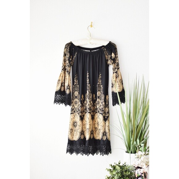 White Mark Black & Gold Paisley Print Off-Shoulder Mini Dress Women's Size S - Picture 1 of 7